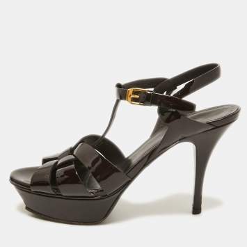Pre Owned Saint Laurent Burgundy Patent Leather Tribute Platform Sandals Size 38