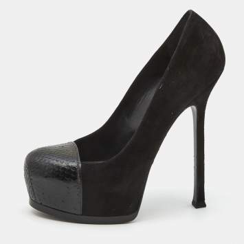 Pre Owned Yves Saint Laurent Black  Snakeskin and Suede Tribtoo Pumps Size 37.5