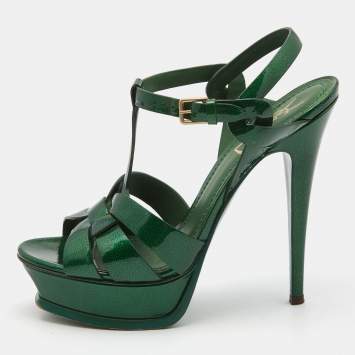 Pre Owned Yves Saint Laurent Green Patent leather Tribute Sandals Size 38