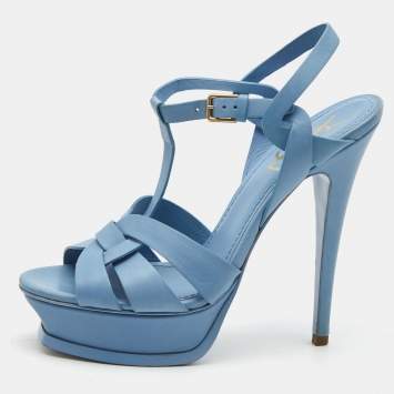 Pre Owned Yves Saint Laurent Blue Leather Tribute Platform Sandals Size 38