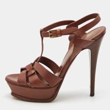 Pre Owned Yves Saint Laurent Brown Leather Tribute Sandals Size 38