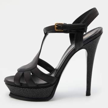 Pre Owned Yves Saint Laurent Black Patent Leather T-Strap Platform Sandals Size 39