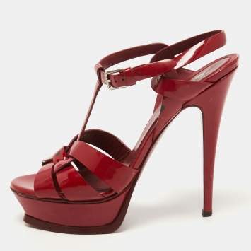 Pre Owned Yves Saint Laurent Burgundy Patent Leather Tribute Sandals Size 38.5