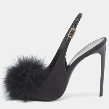 مملوكة مسبقًا Yves Saint Laurent Black Satin and Fur Slingback Sandals Size 40