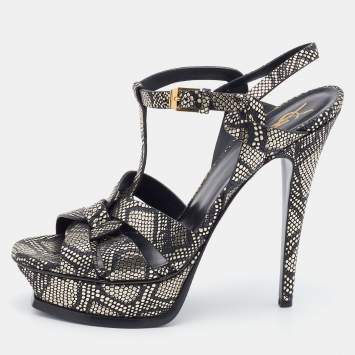 Pre Owned Yves Saint Laurent Metallic Black/Gold Python Embossed Leather Tribute Platform Sandals Size 39