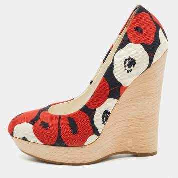 Pre Owned Yves Saint Laurent Tricolor Floral Print Canvas Wedge Pumps Size 36