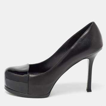 Pre Owned Yves Saint Laurent Black Leather and Patent Tribtoo Pumps Size 37
