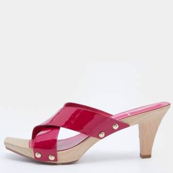 مملوكة مسبقًا Yves Saint Laurent Pink Patent Leather and Wood Loulou Criss Cross Mules Size 40