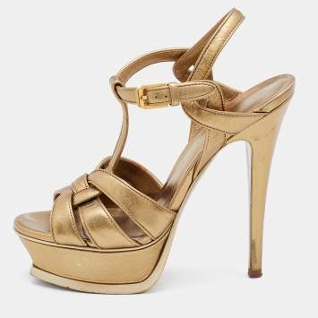 Pre Owned Yves Saint Laurent Gold Leather Tribute Ankle Strap Platform Sandals Size 35