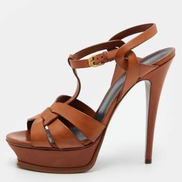 Pre Owned Saint Laurent Brown Leather Tribute Platform Ankle Strap Sandals Size 40