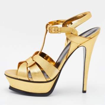 Pre Owned Yves Saint Laurent Gold Leather Tribute  Sandals Size 39