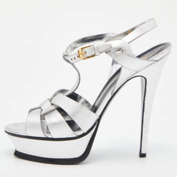 Pre Owned Yves Saint Laurent Silver Leather Tribute Sandals Size 39