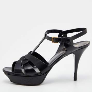 Pre Owned Yves Saint Laurent Black Leather Tribute Sandals Size 39.5