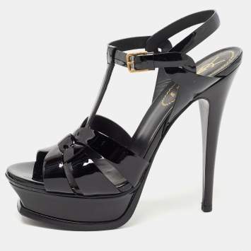 Pre Owned Yves Saint Laurent Black Patent Leather Tribute Sandals Size 37
