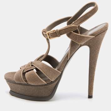 Pre Owned Yves Saint Laurent Grey Suede Tribute Platform Ankle Strap Sandals Size 37