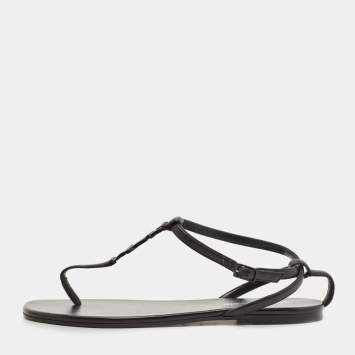 Pre Owned Saint Laurent Black Leather Logo T-Strap Flat Thong Sandals Size 36.5