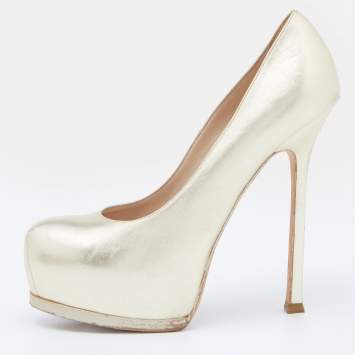 Pre Owned Yves Saint Laurent Gold Leather Tribtoo Platform Pumps Size 38.5
