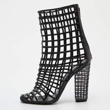 Pre Owned Yves Saint Laurent Black Patent Leather Caged Mid Calf Boots Size 39