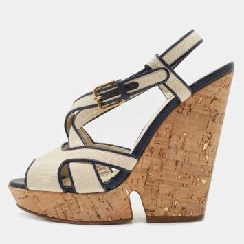Pre Owned Yves Saint Laurent White/Navy Blue Canvas Deauville Cork Wedge Sandals Size 37