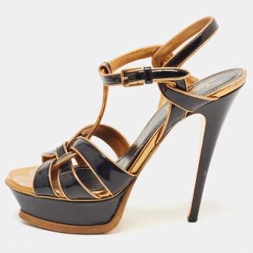 Pre Owned Yves Saint Laurent Gold/Black Patent Tribute Ankle Strap Sandals Size 37.5