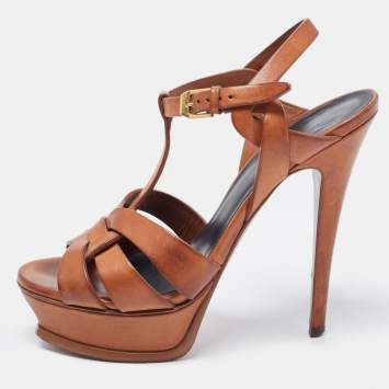 Pre Owned Yves Saint Laurent Brown Leather Tribute Sandals Size 36.5