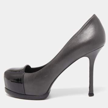 Pre Owned Yves Saint Laurent Grey/Black Leather and Patent Tribtoo Pumps Size 36