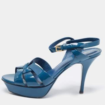 Pre Owned Yves Saint Laurent Blue Patent Leather Tribute Sandals Size 38