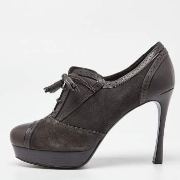 Pre Owned Yves Saint Laurent Grey Suede and Leather Janis Booties Size 38.5