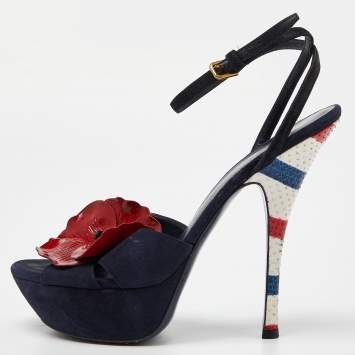 Pre Owned Yves Saint Laurent Navy Blue Suede Flower Embellished Ankle Strap Sandals Size 39
