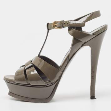Pre Owned Yves Saint Laurent Grey Patent Tribute Sandals Size 37.5