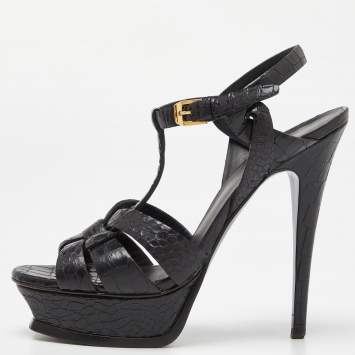 Pre Owned Saint Laurent Black Croc Embossed Leather Tribute Sandals Size 38