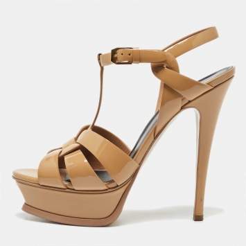 Pre Owned Yves Saint Laurent Beige Patent Leather Tribute Ankle Strap Sandals Size 37.5