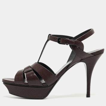 مملوكة مسبقًا Yves Saint Laurent Burgundy Leather Tribute  Ankle Strap Sandals Size 40