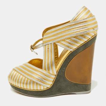 Pre Owned Yves Saint Laurent Gold/Silver Leather Peep Toe Wedge Sandals Size 38