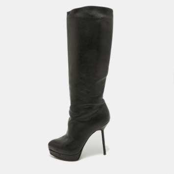 Pre Owned Yves Saint Laurent Black Leather Platform Knee Length Boots Size 36