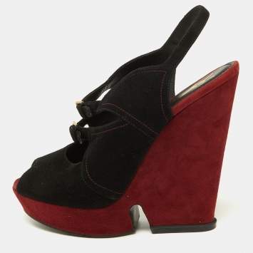 Pre Owned Yves Saint Laurent Black/Burgundy Suede Slingback Wedge Sandals Size 41