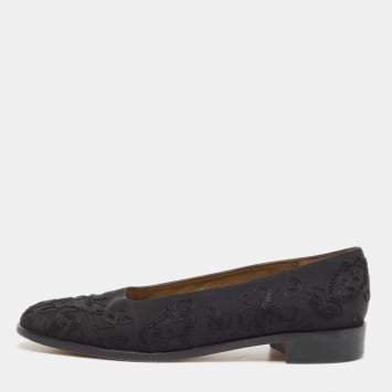Pre Owned Yves Saint Laurent Black Embroidered Fabric Ballet Flats Size 38.5