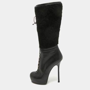 Pre Owned Yves Saint Laurent Black Leather and Wool Platform Mid Calf Boots Size 39.5