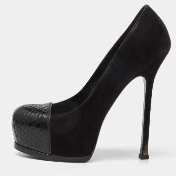 Pre Owned Yves Saint Laurent Black Suede and Snakeskin Cap Toe Tribtoo Platform Pumps Size 38.5