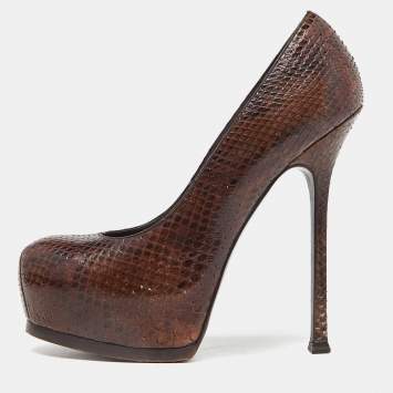 Pre Owned Yves Saint Laurent Brown Python Cap Toe Tribtoo Platform Pumps Size 39