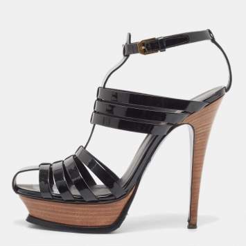 Pre Owned Yves Saint Laurent Black Patent Tribute Ankle Strap Sandals Size 39