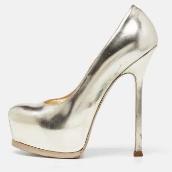 Pre Owned Yves Saint Laurent Light Gold Leather Tribtoo Platform Pumps Size 37.5