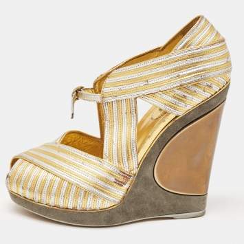 Pre Owned Yves Saint Laurent Gold/Silver Leather Wedge Pumps Size 37.5