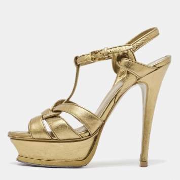Pre Owned Yves Saint Laurent Metallic Leather Tribute Sandals Size 37