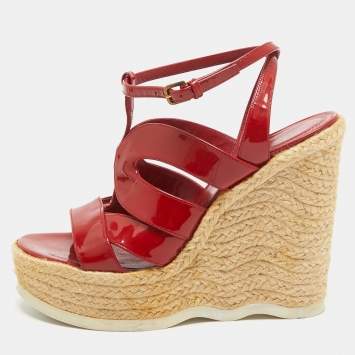 Pre Owned Yves Saint Laurent Red Patent Wedge Ankle Sandals Size 39.5