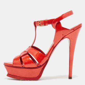 Pre Owned Yves Saint Laurent Red Patent Leather Tribute Sandals Size 37.5