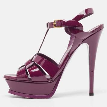 Pre Owned Yves Saint Laurent Burgundy Patent Leather Tribute Platform Ankle Strap Sandals Size 37