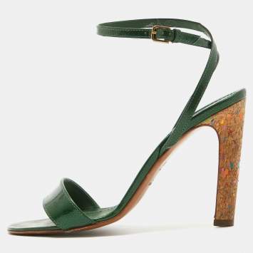 Pre Owned Yves Saint Laurent Green Patent Leather Ankle Wrap Sandals Size 39
