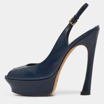 Pre Owned Yves Saint Laurent Navy Blue Leather Peep Toe Platform Slingback Pumps Size 36