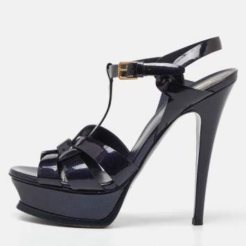 Pre Owned Yves Saint Laurent Navy Blue Patent Leather Tribute Sandals Size 36.5